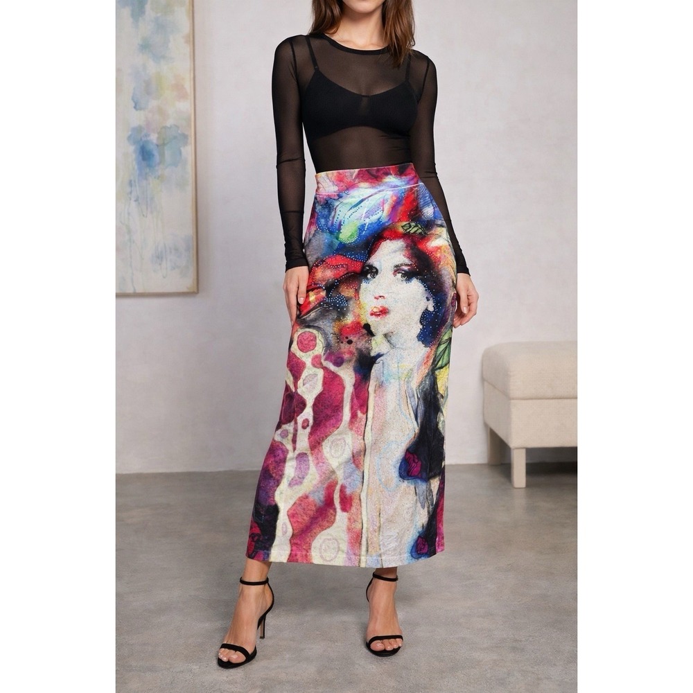 Surreal Art‎ Portrait Midi Skirt Beaded Abstract Stretch Statement Piece